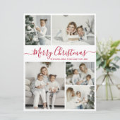 Simple White Red 5 Photo Collage Kerstmis Feestdagenkaart (Staand voorkant)