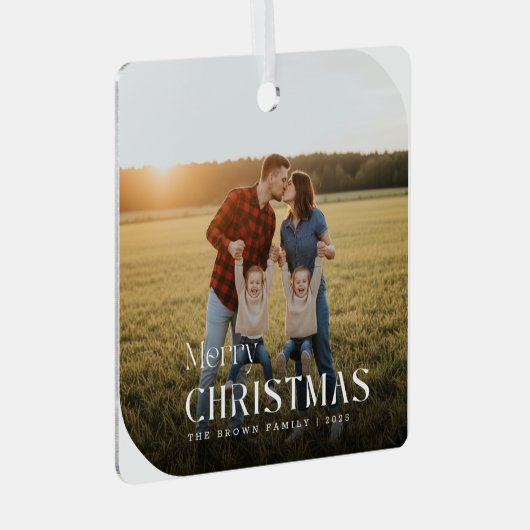 Simple White Script Christmas Family Name Photo Metalen Ornament (Voorkant Rechts)