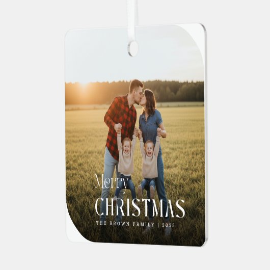 Simple White Script Christmas Family Name Photo Metalen Ornament (Voorkant links)