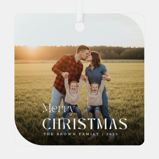 Simple White Script Christmas Family Name Photo Metalen Ornament (Achterkant)