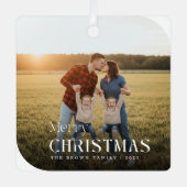 Simple White Script Christmas Family Name Photo Metalen Ornament (Voorkant)