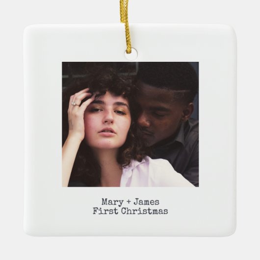 Simple White Squared Love Engaged Weddenfoto Keramisch Ornament (Voorkant)