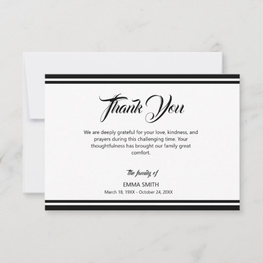 Simple White with Black Lines Funeral Bedankkaart (Voorkant)