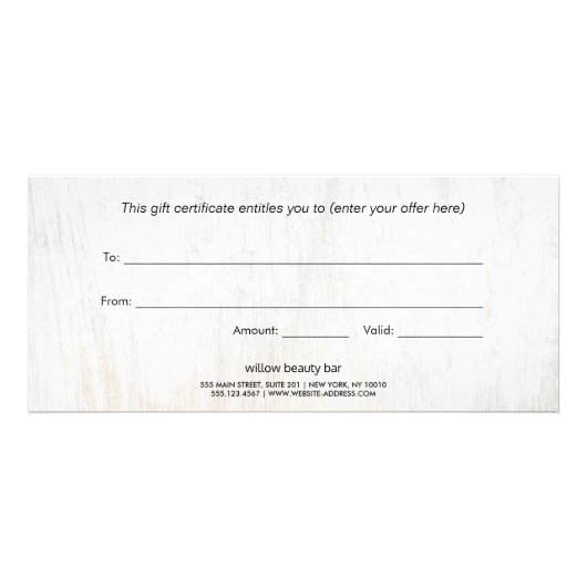 Simple White Wood Script Cadeaubon Reclamekaart (Achterkant)