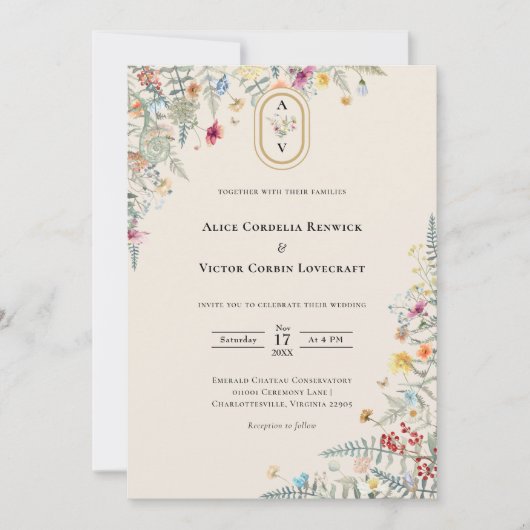 Simple Wildflower Fern Beige WeddenMonogram Kaart (Voorkant)