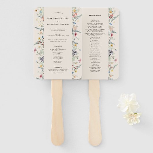 Simple Wildflower Fern beige Wedding Programme Handwaaier (Voorkant en achterkant)
