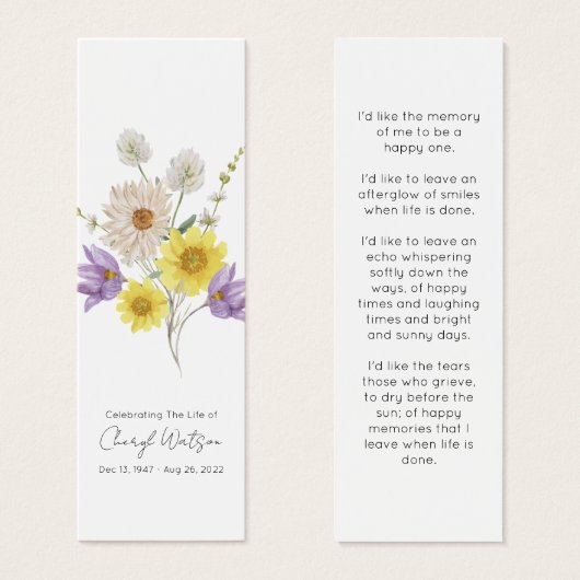 Simple Wildflower Funeral Memorial Bookmark Mini Visitekaartjes (Voorkant /achterkant)