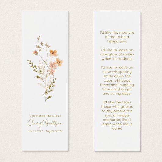 Simple Wildflower Funeral Memorial Bookmark Mini Visitekaartjes (Voorkant /achterkant)