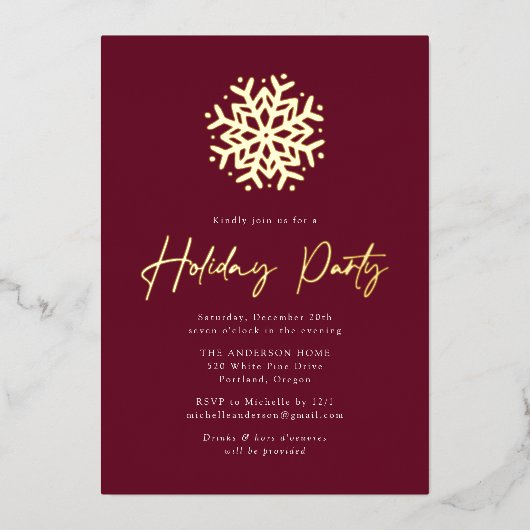 Simple Wine and Gold Snowflake Holiday Party Folie Uitnodiging (Voorkant)