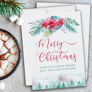 Simple Winter Forest and Poinsettia Waterverf Feestdagenkaart