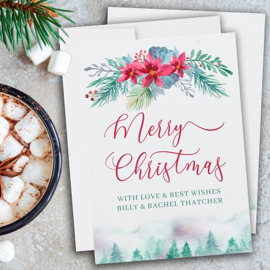 Simple Winter Forest and Poinsettia Waterverf Feestdagenkaart