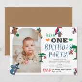 Simple Woodland Animals Eerste Verjaardag Uitnodig Feestdagenkaart (Voorkant / Achterkant)