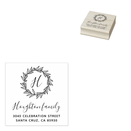 Simple Wreath Monogram Script Return Adres Rubberstempel (Gestempeld)