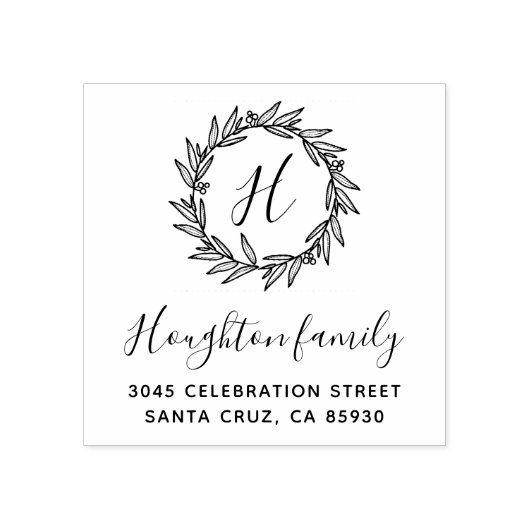 Simple Wreath Monogram Script Return Adres Rubberstempel (Afrduk)