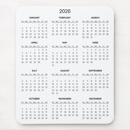 Simple Yet Elegant 2026 Calendar | Mousepad Muismat (Voorkant)