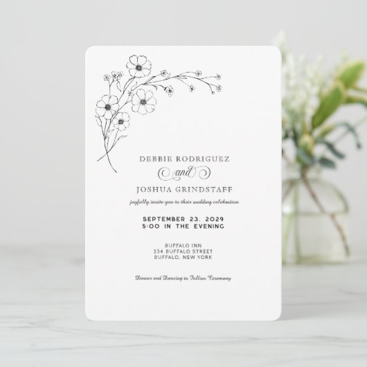 Simplistic Black White Floral Wedding Invitation  Kaart (Staand voorkant)