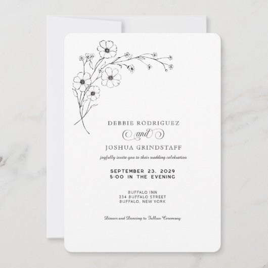 Simplistic Black White Floral Wedding Invitation  Kaart (Voorkant)