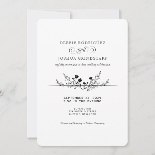 Simplistic Black White Floral Wedding Invitation  Kaart (Voorkant)