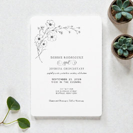 Simplistic Black White Floral Wedding Invitation  Kaart