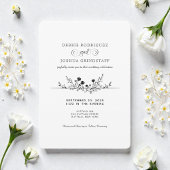 Simplistic Black White Floral Wedding Invitation  Kaart