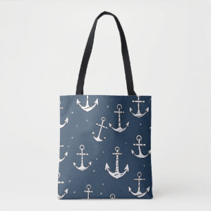 Simplistic Blauw en Wit Leuk Ankerpatroon Tote Bag
