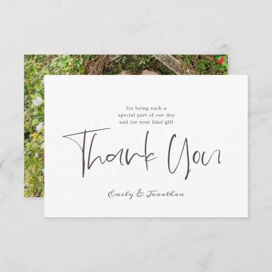 Simplistic bruiloft dank u stijlvolle script foto bedankkaart (Voorkant / Achterkant)