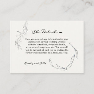Simplistic Delicate Black Leaves Wedding Details Informatiekaartje