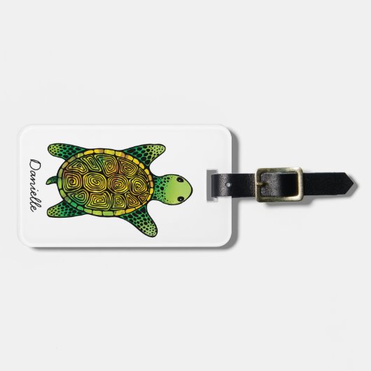 Simplistic Green Waterverf Ink Drawn Turtle Bagagelabel (Voorkant horizontaal)