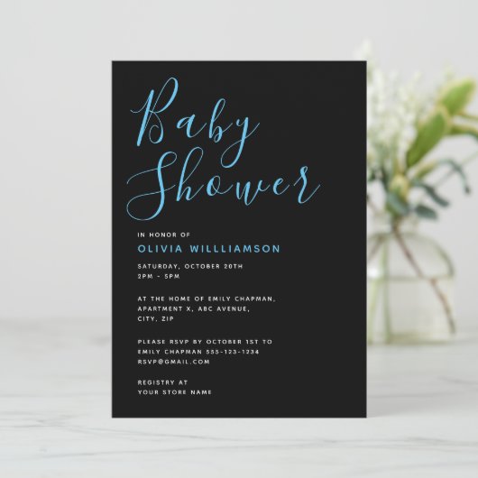 Simplistic Modern Black & Blue Baby shower Kaart (Staand voorkant)