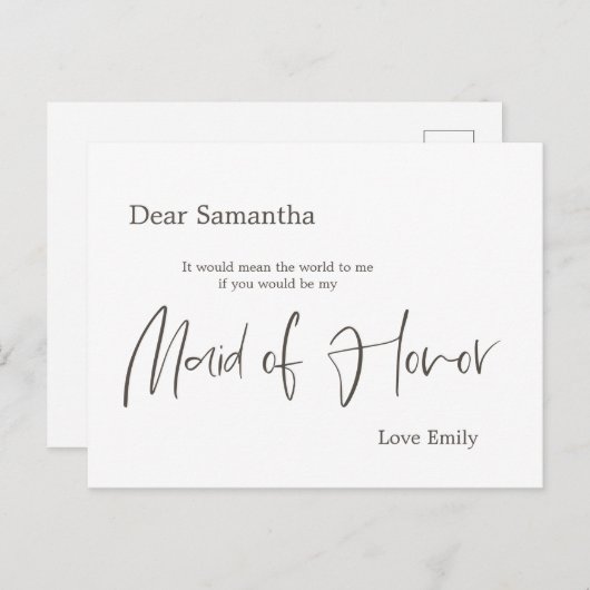 Simplistic Stijlvol Script Maid of Honor Aanvraag Briefkaart (Voorkant / Achterkant)