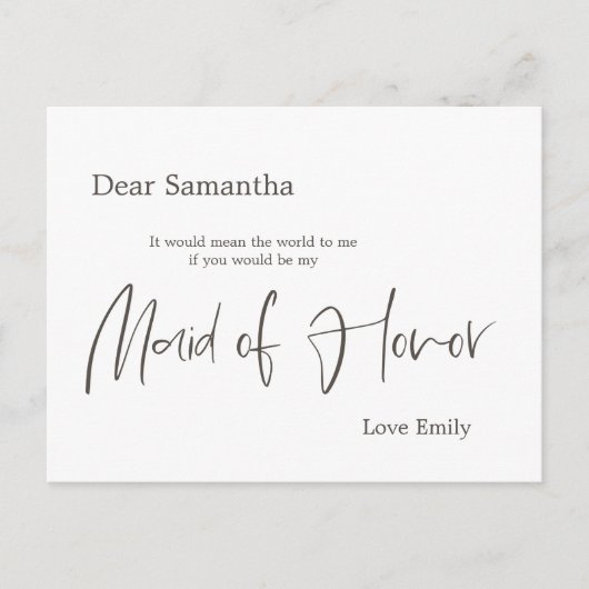 Simplistic Stijlvol Script Maid of Honor Aanvraag Briefkaart (Voorkant)
