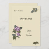 Simplistische Paarse bloem met groene bladeren Save The Date (Voorkant / Achterkant)