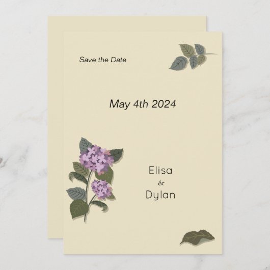 Simplistische Paarse bloem met groene bladeren Save The Date (Voorkant / Achterkant)