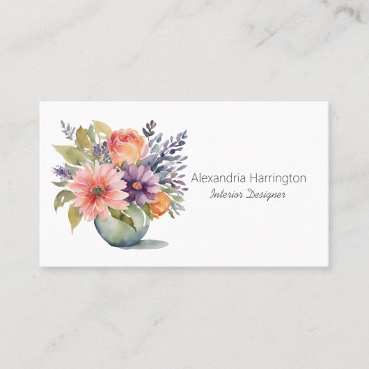 Simplistische Waterverf Bloemen in Vaas Visitekaartje (Voorkant)
