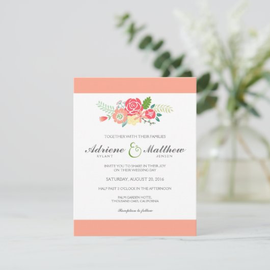 Simply Floral & Stripes bruiloft uitnodiging / per (Staand voorkant)