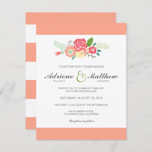 Simply Floral & Stripes bruiloft uitnodiging / per (Voorkant / Achterkant)