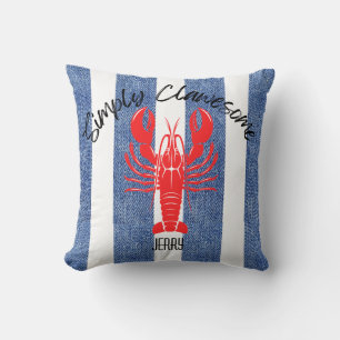 "SIMPLY KLauwESOME" Red Lobster op Denim Strepen Kussen