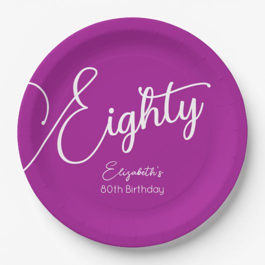 Simply Modern Script Donkerroze 80ste verjaardag Papieren Bordje (Voorkant)