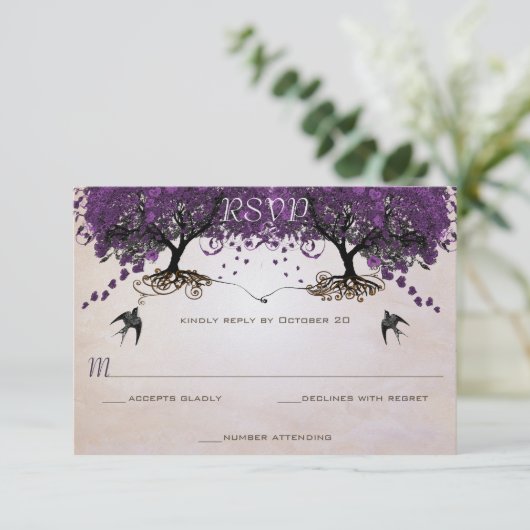 Simply Peachy Paarse  Heart Leaf Tree RSVP Kaart (Staand voorkant)