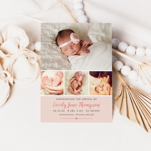 Simply Sweet Blush Baby Meisje Foto Collage Geboor Aankondiging