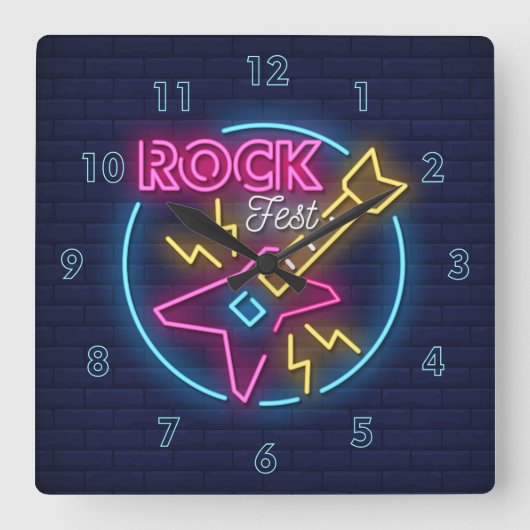 Simulate Rock Fest Neon Sign Against Brick Wall Vierkante Klok (Voorkant)