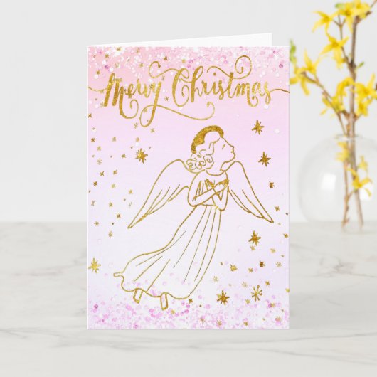 simulated foil angel Merry Christmas card Kaart (Gele Bloem)