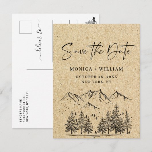 Simulated Kraft Paper Wedding Save the Date Briefkaart (Voorkant / Achterkant)