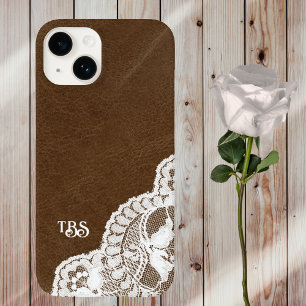 Simulated Leather and Lace Print Monogram Initiaal Case-Mate iPhone 14 Hoesje