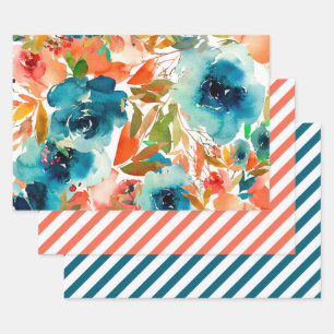 Sinaal Koraal Teal Waterverf Bloemgestreepte Inpakpapier Vel
