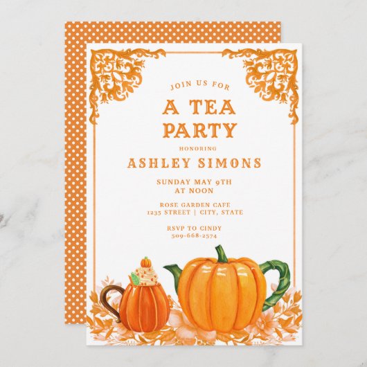 Sinaas en Witte Herfst Pompoen Thee Feest Uitnodig Kaart (Voorkant / Achterkant)