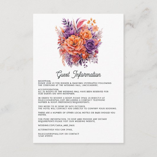 Sinaas, heet roze en koninklijk paarse gastdetails informatiekaartje (Voorkant)