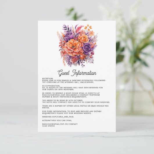 Sinaas, heet roze en koninklijk paarse gastdetails informatiekaartje (Staand voorkant)