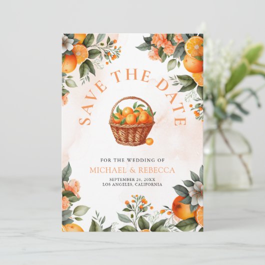 Sinaas Oranje Citrus QR Code Foto Bruiloft Save The Date (Staand voorkant)