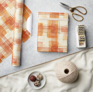 Sinaas Oranje Crème Schotse Strepen Verjaardag Cadeaupapier
